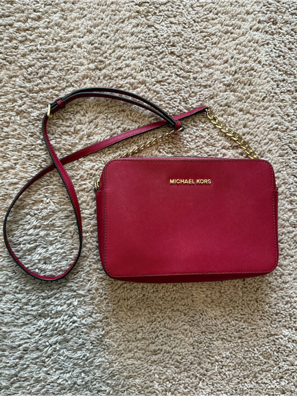Michael Kors Red Saffiano Leather Crossbody Bag with Gold Hardware